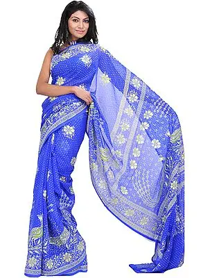Bright-Blue Sequined Sari from Jaipur with Printed Flowers and Peacocks