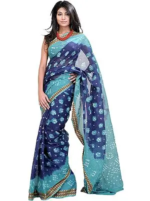 Blue and Green Shaded Bandhani Tie-Dye Sari from Rajasthan with Woven Border