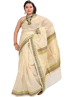 Ivory Kasavu Sari from Kerala with Woven Little Krishna on Pallu