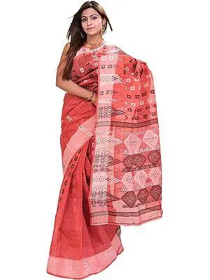 Baroque-Rose Tant Sari from Bengal with Woven Flowers