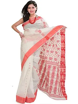 Bright-White Tangail Sari from Bengal with Woven Bootis