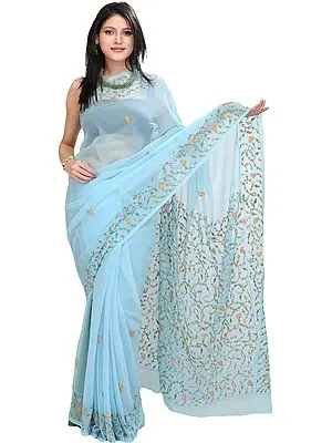 Angel-Blue Sari with Embroidered Flowers in Multi-color Thread