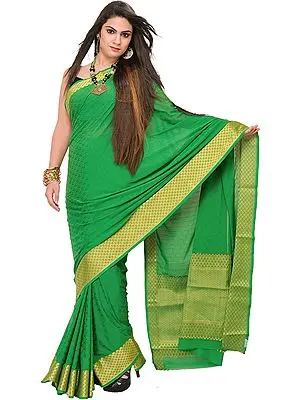 Fern-Green Handloom Saree from Bangalore with Self-Weave and Golden Border