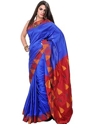 Strong-Blue Plain Pure Silk Sari from Karnataka with Woven Temple Border