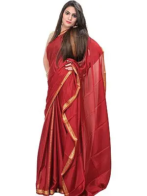 Brick-Red Plain Bridal Sari with Golden Thread Weave on Border