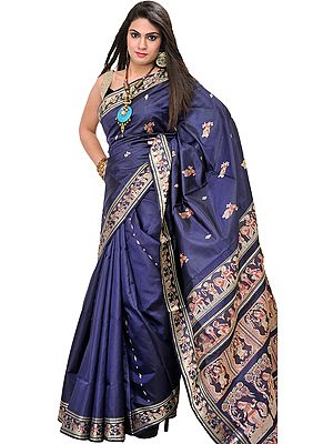 Crown-Blue Baluchari Sari from Kolkata with Depicting Hindu Mythological Episodes