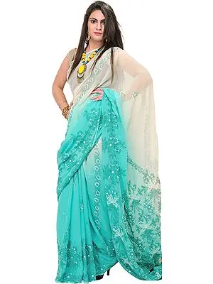 Ivory and Green Shaded Lukhnavi Chikan Sari with Embroidered Flowers by Hand