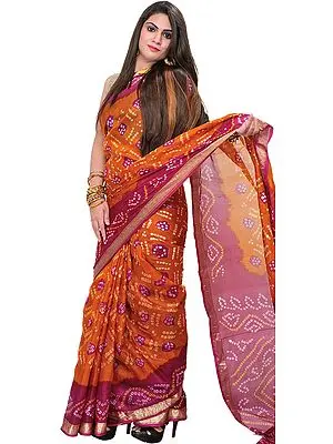 Burnt-Orange and Pink Bandhani Tie-Dye Sari from Gujarat with Brocade Border