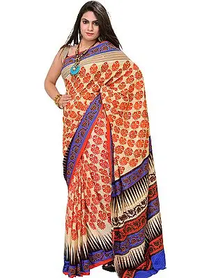 Antique-White and Orange Saree with Printed Flowers and Aari-Embroidery