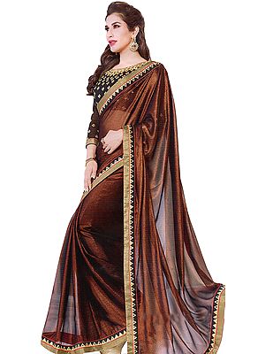 Copper-Brown Plain Shimmer Sari with Temple Border and Sequins