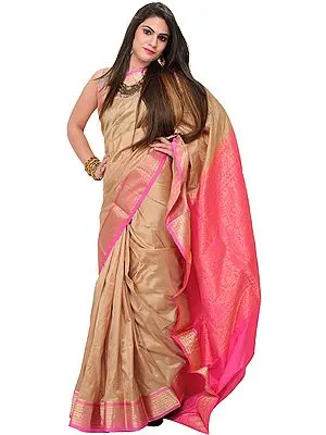 Taos-Taupe Bangalore Silk Sari with Woven Bootis and Brocaded Pallu