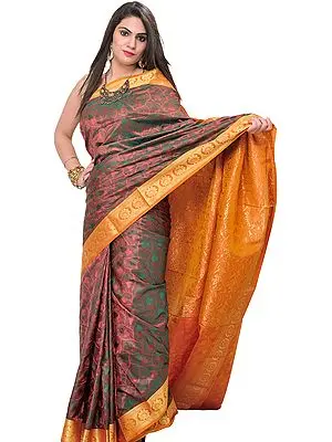 Metallic-Colored Sari from Bangalore with Woven Leaves and Brocaded Aanchal
