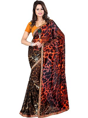 Orange and Brown Sari with Printed Leopard-Spots and Embroidered Patch Border