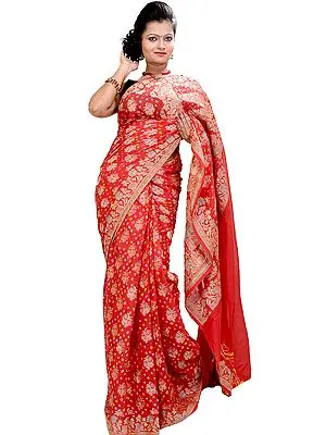 Hibiscus-Red Bandhani Tie-Dye Sari from Jodhpur with Brocaded Flowers