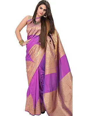 Hyacinth-Violet Banarasi Sari with Woven Temple Border in Golden Thread
