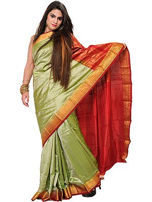 Lint-Green Sari from Bangalore with Woven Bootis and Brocaded Aanchal