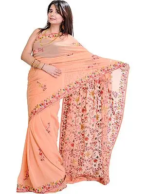 Peach-Fuzz Sari from Kashmir with Floral Aari-Embroidery