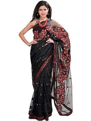 Jet-Black Designer Sari with Floral Embroidered Patches