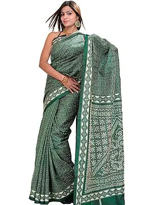 Dark-Green Sari from Kolkata with Kantha Embroidery by Hand