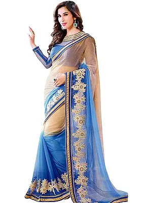 Cream and Blue Shaded Designer Shimmer Sari with Floral Embroidery