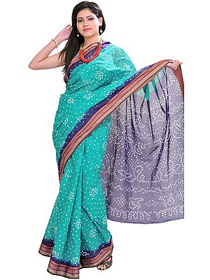Turquoise and Blue Bandhani Tie-Dye Sari from Jodhpur with Woven Border