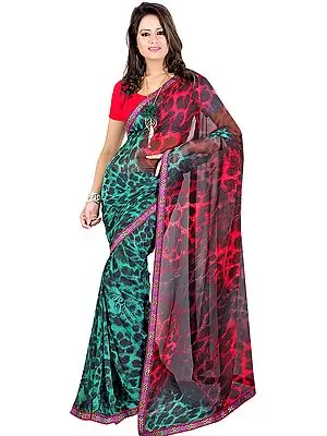 Teal and Pink Sari with Printed Leopard-Spots and Embroidered Patch Border