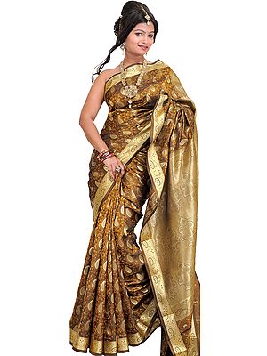 Bronze-Brown Sari from Bangalore with Woven Paisleys and Brocaded Aanchal