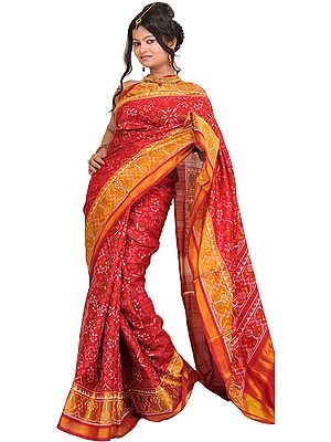 Pompeian-Red Patan Patola Sari from Gujarat with Ikat Weave