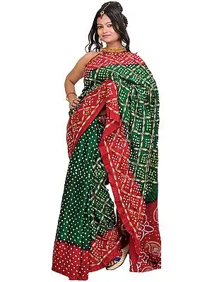Bandhani Tie-Dye Sari from Jodhpur with Embroidery in Golden Thread
