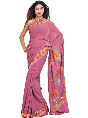 Mellow-Mauve Sari from Kashmir with Aari Embroidered flowers