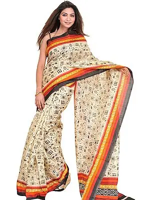 Winter-White Sari with Printed Figures Inspired by Warli Art