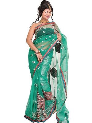 Marine-Green Wedding Shimmer Sari with Embroidered Patches and Beads