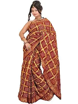 Hot-Chocolate Bandhani Gharchola Sari from Gujarat with Golden Thread Weave