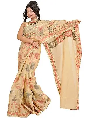 Banana-Crepe Banarasi Sari with Woven Flower All-Over