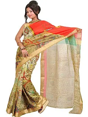 Golden-Olive Sari with Digital-Printed Sparrow on Anchal