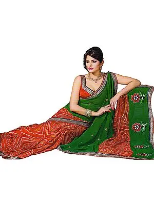Bandhani Tie-Dye Sari with Floral Patches and Gota Border