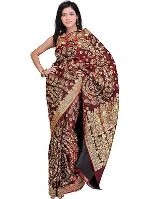 Cordovan Bridal Saree from Banaras with Metallic Thread Embroidered Sequins and Beads