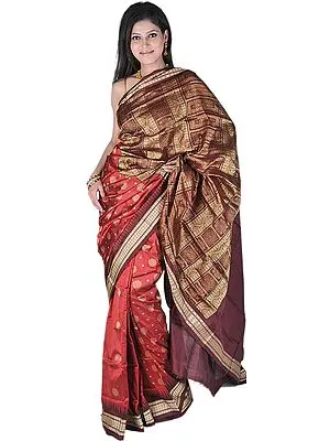 Deep-Claret Bomkai Sari with Hand-woven Bootis