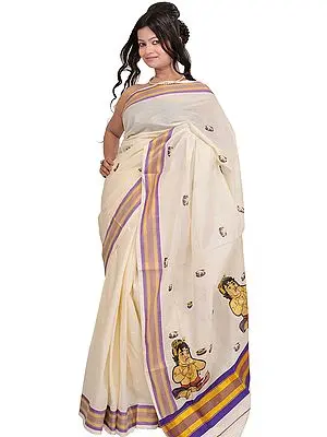Winter-White Kasavu Sari from Kerala with Golden Border and Embroidered Baby Krishna
