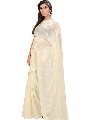 Vanila-Custard Sari with All-Over Embroidered Booties