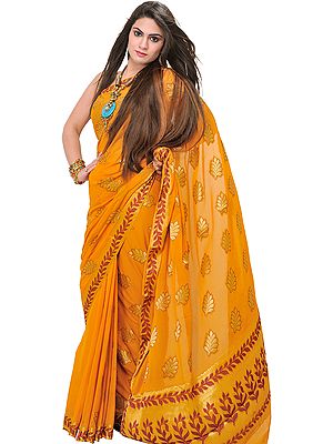 Chiffon Sari from Mysore with Hand-woven Leaves in Golden Thread