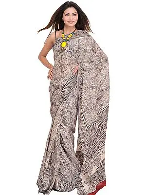Ivory and Black Sari with Kalamkari Printed Paisleys
