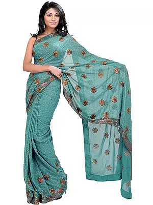 Blue-Grass Shimmer Sari with Embroidered Flowers and Sequins