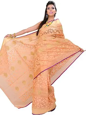 Peach-Nougat Banarasi Kora Sari with Hand-woven Paisleys