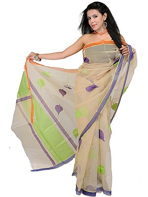 Creme-Brulee Net Saree with Woven Indian-Oak Leaves