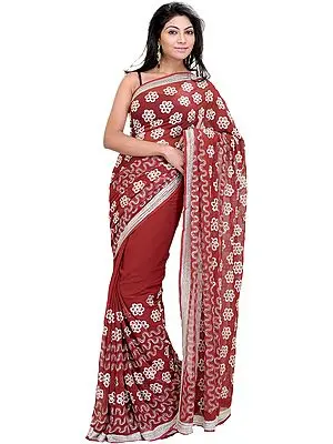 Tibetan-Red Sari with Embroidered Flowers and Sequins