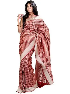 Garnet-Red Banarasi Sari with Woven Bootis All-Over and Silver Border