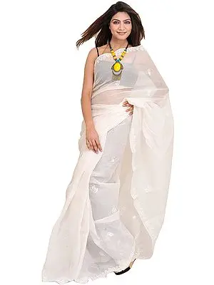 Bright-White Sari from Lucknow with Chikan Hand-Embroidery
