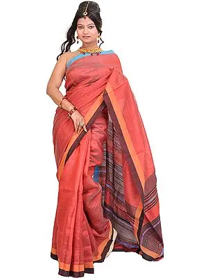 Cranberry-Red Saree from Jharkhand with Woven Stripes