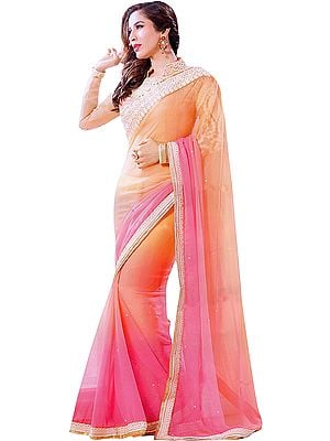 Peach and Pink Shaded Sari with Embroidered Patch Border